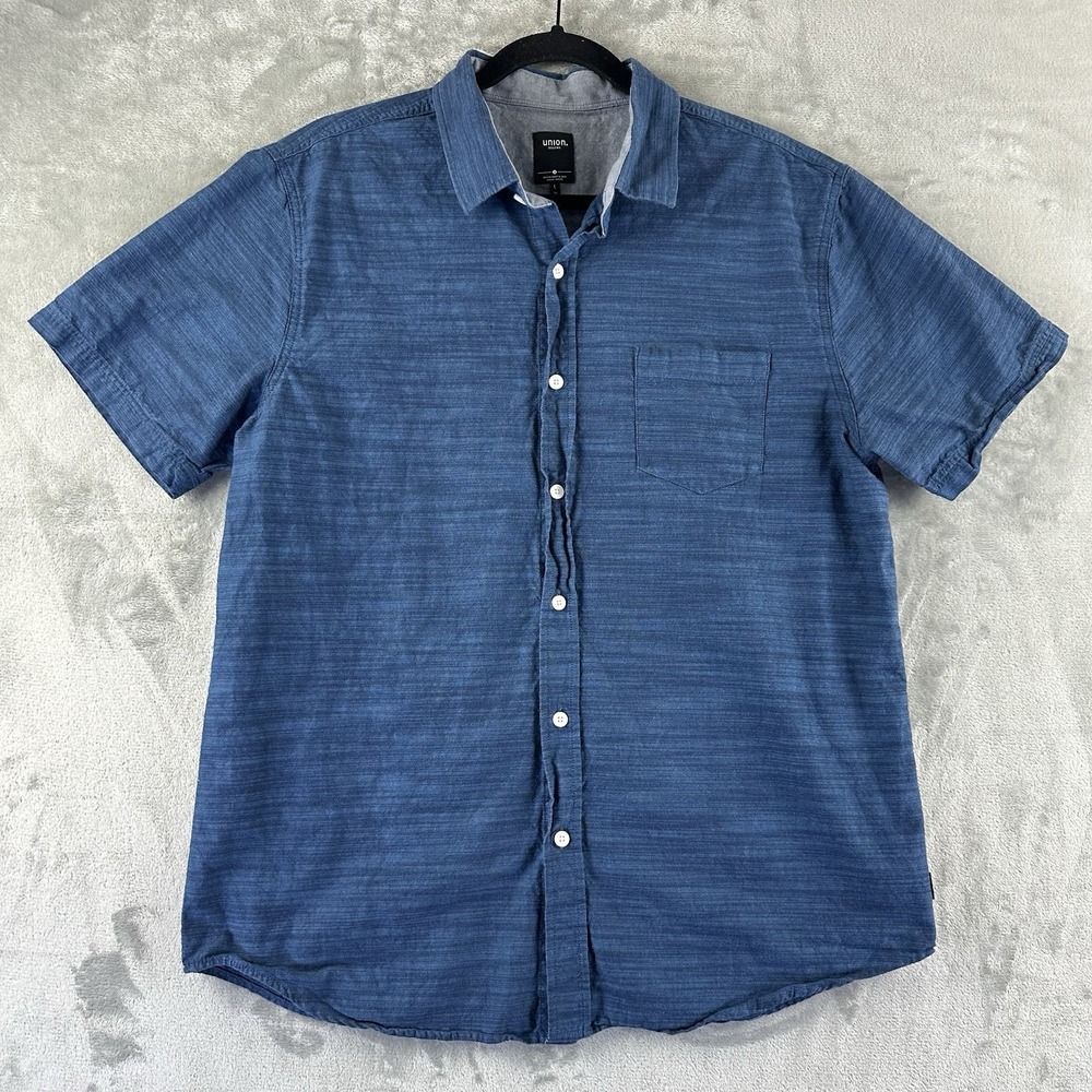 Union Button-Up Shirt Men's L Blue Short Sleeve 100% Cotton